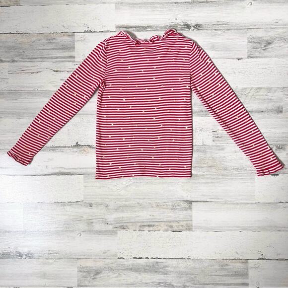 Boden Top Girls 9-10Y Red White Stripe Gold Star Pointelle Ruffle Long Sleeve - Picture 2 of 7